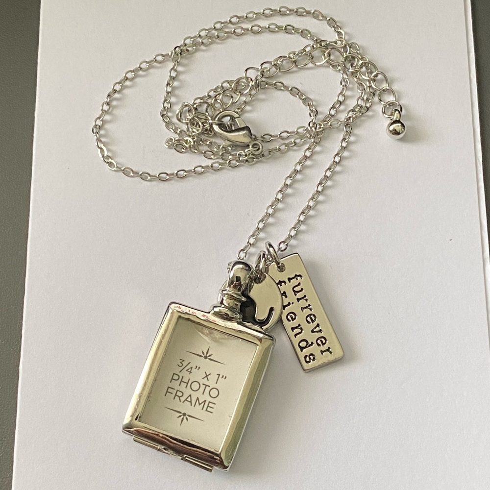 Silver Tone Photo Frame Necklace with Charms "furever friends"